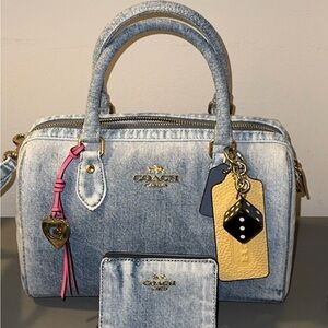 Medium Coach Light Blue Denim Wash Rowan Satchel and Wallet